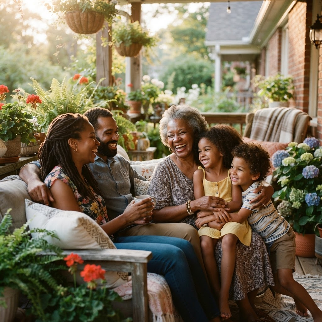 A joyful multigenerational family relaxing together on the porch of their home